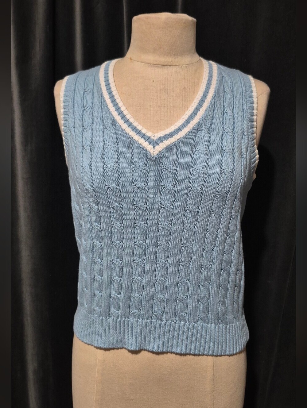 Brandy Melville Light Blue Cable Knit V-Neck Sweater Vest with White Trim (Box C